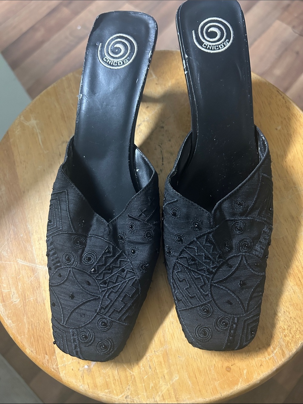 Chico's Black Embroidered Slip-On Mules with Square Toe